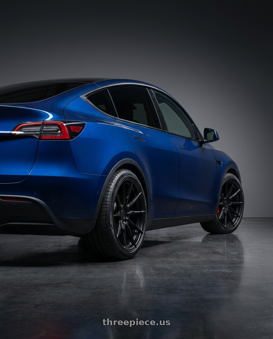 2022 tesla y with Rohana RFX2 5x114.3 20x10+40 Matte Black wheels rear three quarter view square tires