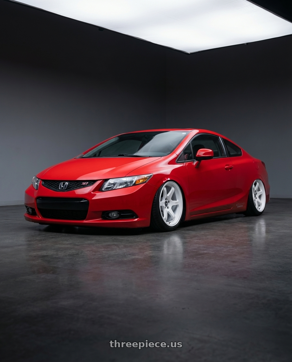 2011 Honda Civic Si with ESR Wheels APEX SERIES AP6 5x114.3 18x9.5 +35 Gloss White wheels front three quarter view stanced stance