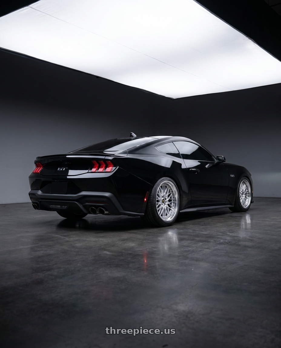 2024 ford mustang gt with Work Vs-Xv 5x114.3 20x9+34 O Disk Silky Rich Silver wheels rear three quarter view slight stretch tires
