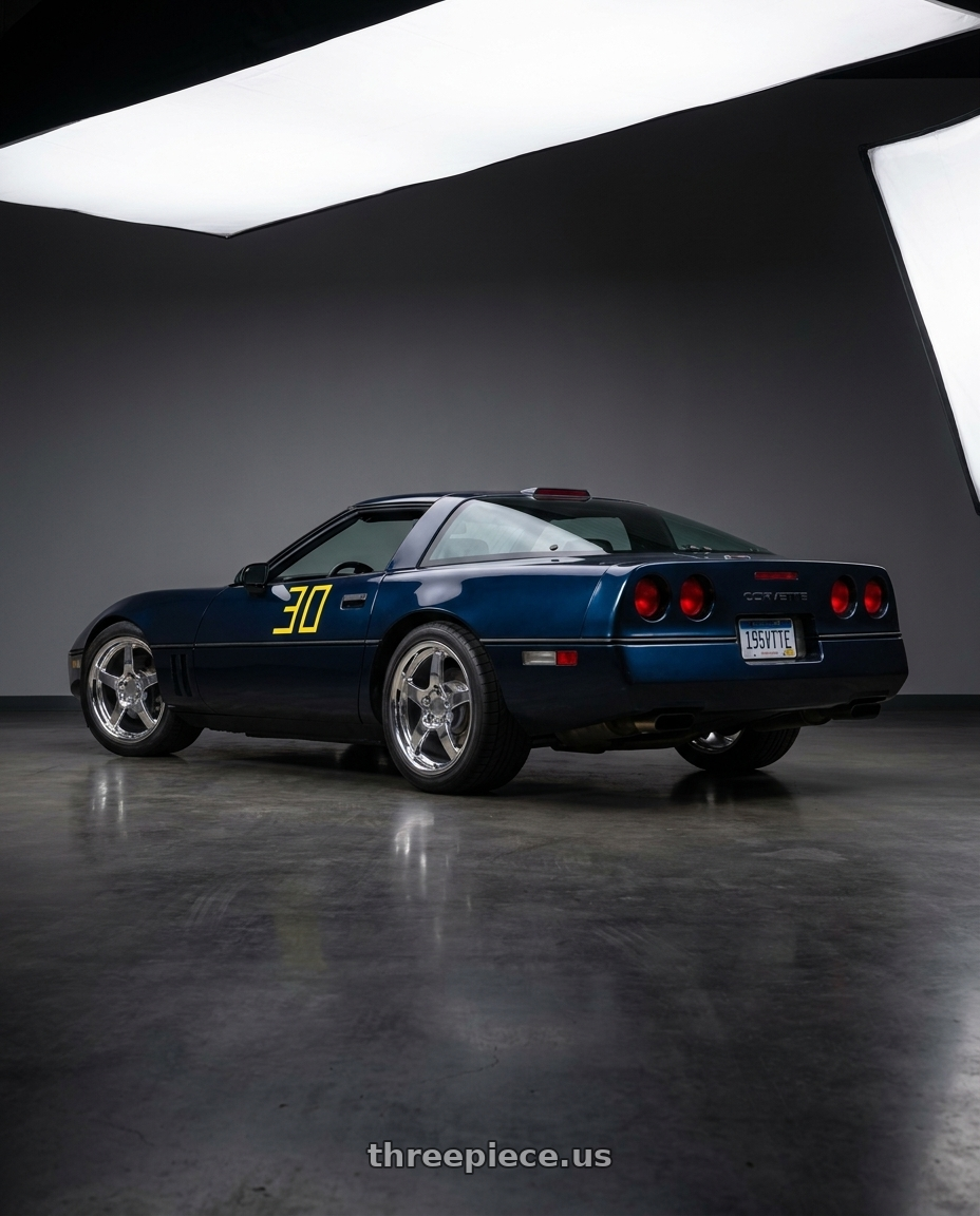 1989 Chevrolet Corvette with OE Wheels CV05 5x120.65 18x9.5+54 Chrome wheels rear three quarter view square tires