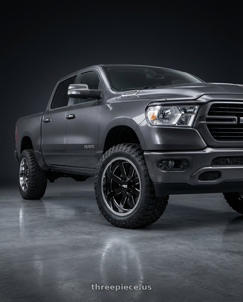 2024 Ram 1500 with Moto Metal MO200 6X139.7 22X10 -18 GLOSS BLACK MILLED CENTER CHROME LIP wheels front three quarter view stock stance