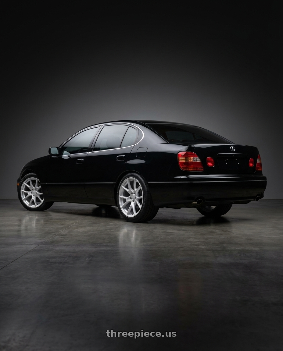 2003 lexus gs300 sport design with Voxx Replica 50ANN 5x115 20x10.5+9 Matte Silver wheels rear three quarter view square tires