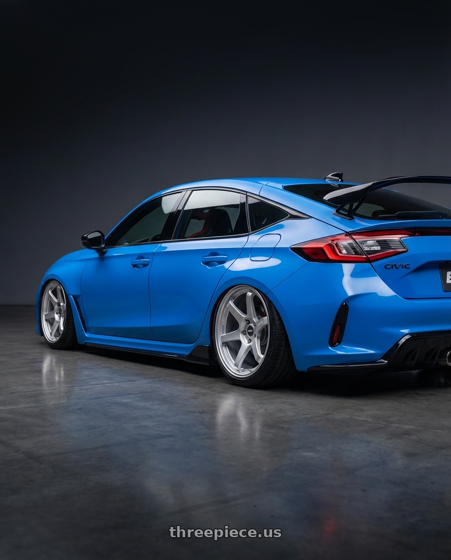 2024 Honda Civic Type R with ESR Wheels APEX SERIES AP6 5x120 19x8.5 +30 Hyper Silver wheels rear three quarter view slight stretch tires