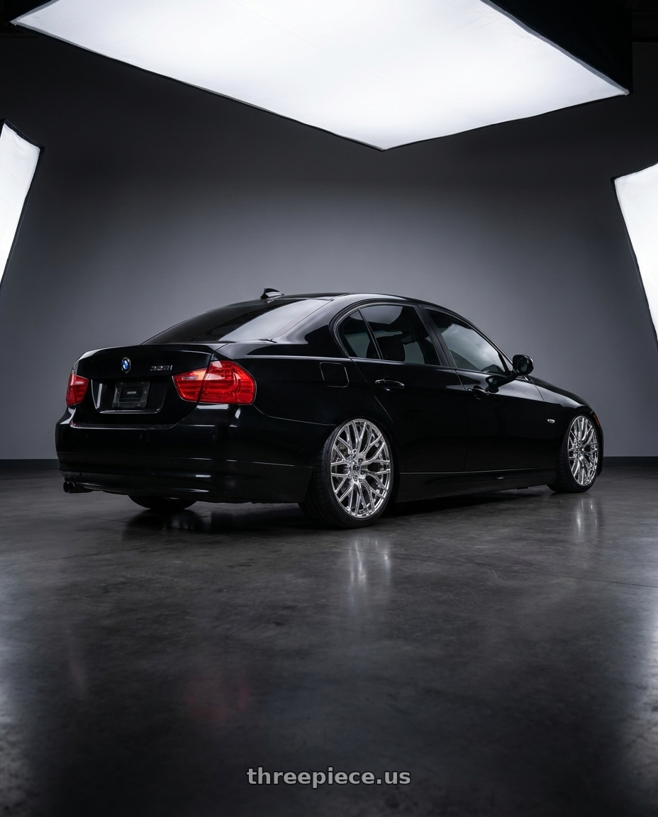 2011 bmw 335 with TOUREN TR76 3276 5x120 18x8 +35 CHROME wheels rear three quarter view slight stretch tires