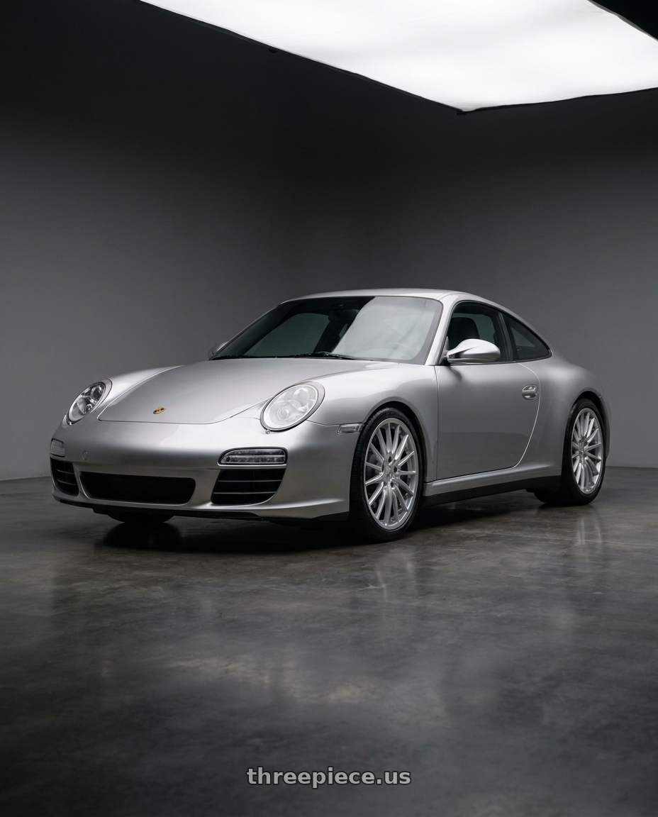 2011 Porsche 911 with Avant Garde Wheels Ruger Mesh 5X130 19x8.5 +45 Liquid Silver wheels front three quarter view lowered stance