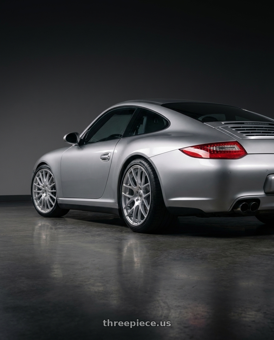 2011 Porsche 911 with Avant Garde Wheels Ruger Mesh 5X130 19x8.5 +45 Liquid Silver wheels rear three quarter view square tires