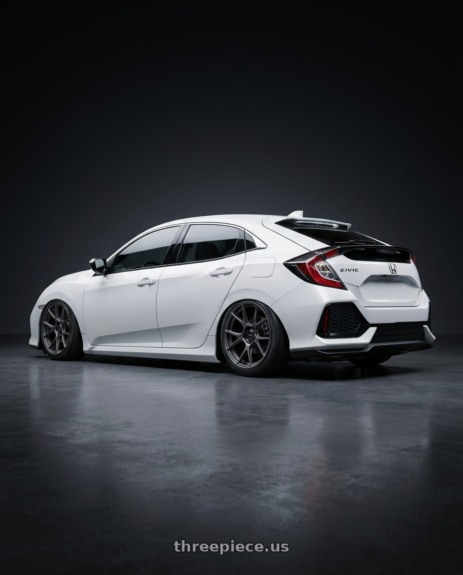 2019 Honda Civic with Konig Ampliform 5x114.3 18x8.5+45 Dark Metallic Graphite wheels rear three quarter view slight stretch tires