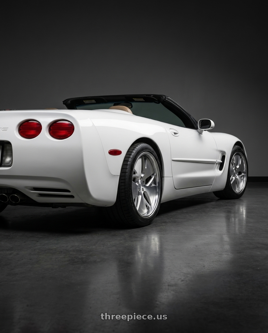 White 2004 corvette base convertible  with Work Gnosis Cvd 5x120.65 20x9+45 W Disk Brush Silver Clear wheels rear three quarter view square tires