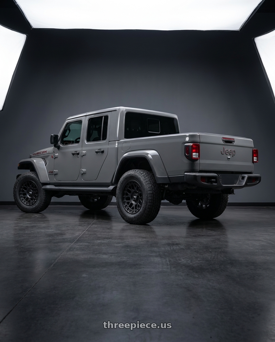 2021 Jeep Gladiator Sport with Dirty Life Mesa 9306 5x127 17x9-12 Matte Black wheels rear three quarter view square tires