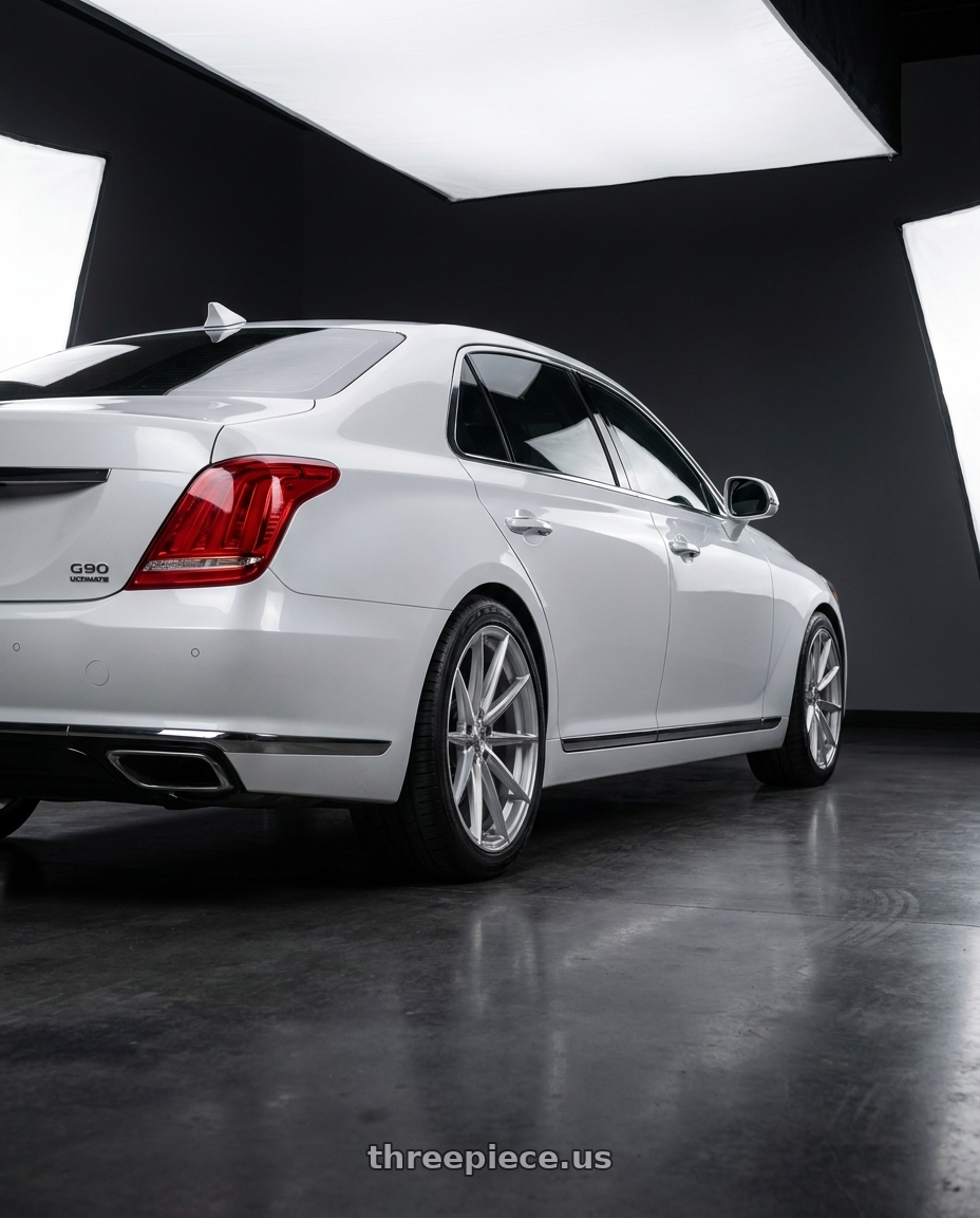 2018 genesis g90 ultimate with DOLCE PERFORMANCE VELOCE 5x114.3 20x10 +40 Gloss Silver Machined Face wheels rear three quarter view square tires