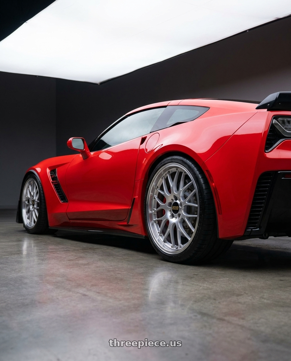 2019 Chevrolet Corvette with BBS RS-GT 5x112 20x10.0+22 Diamond Silver wheels rear three quarter view slight stretch tires