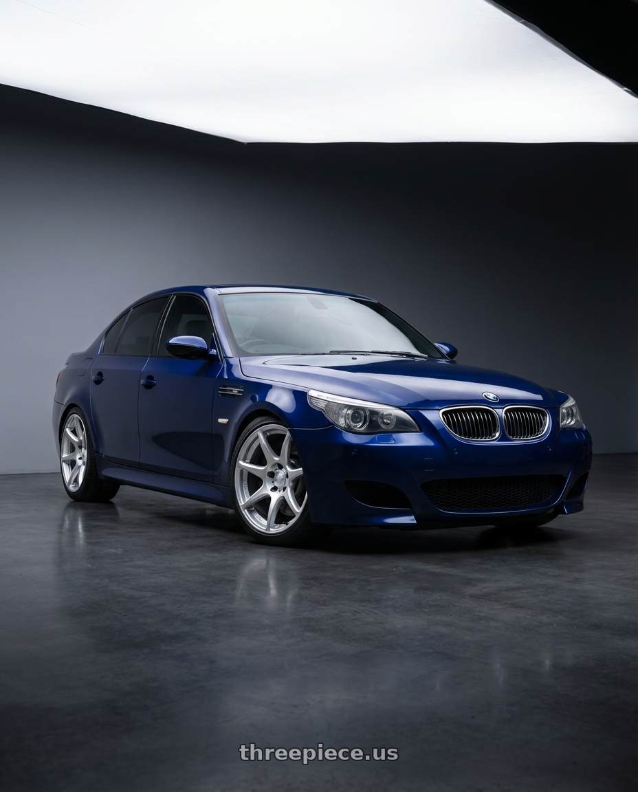 2010 BMW M5 E60 with Kansei K11S Tandem 5X120 19x10.5 22 Hyper Silver wheels front three quarter view lowered stance