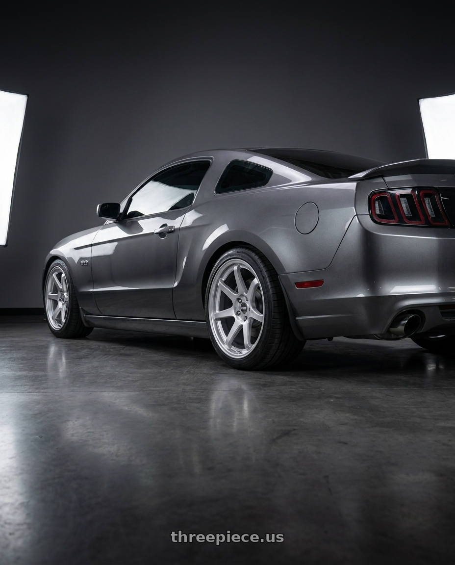 2014 Ford Mustang Gt with ESR Wheels APEX SERIES AP6 5x114.3 19x8.5 +30 Hyper Silver wheels rear three quarter view square tires