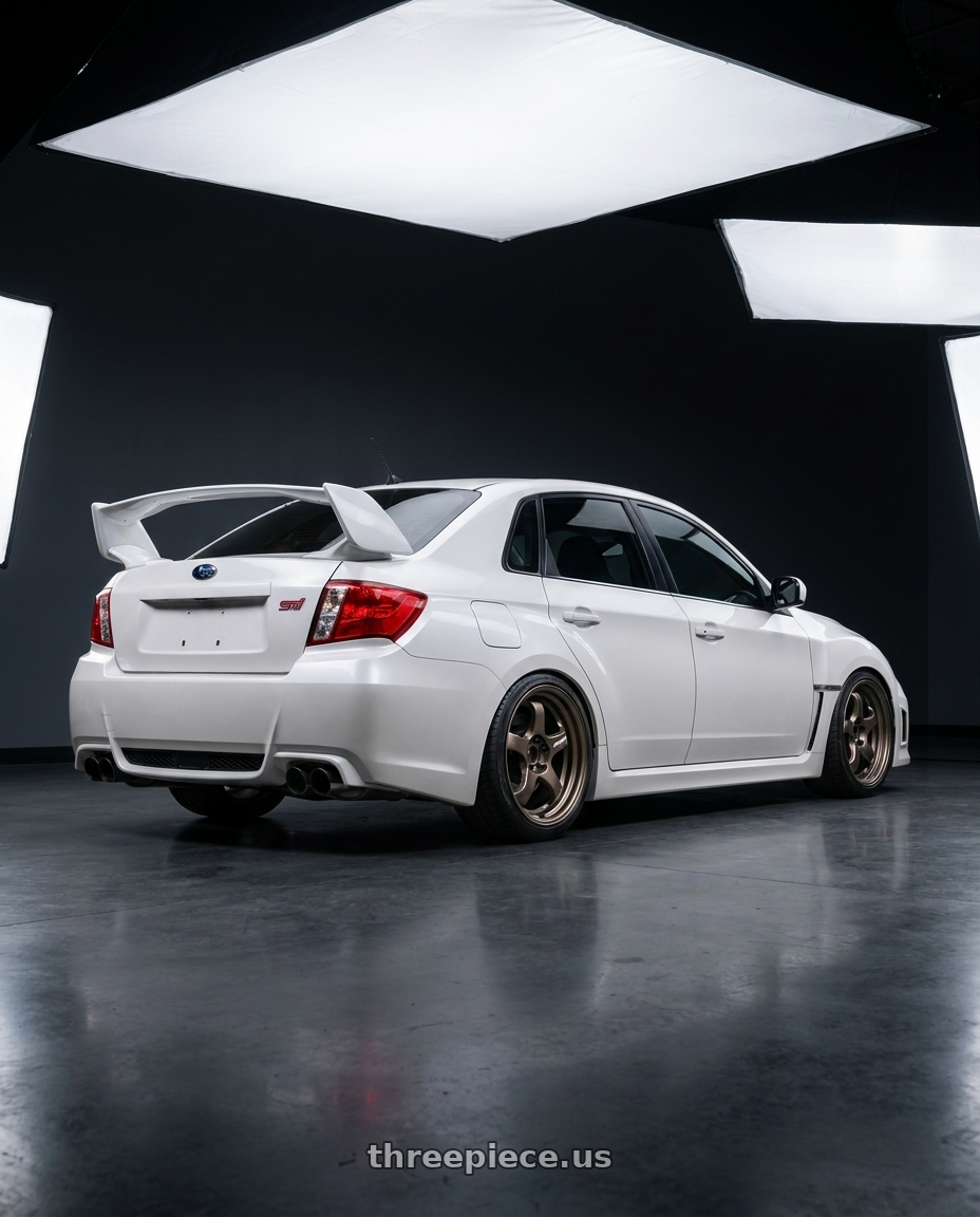 2011 sti sedan with Work Meister S1R 5x114.3 18x9+45 A Disk Ashdot Titanium wheels rear three quarter view square tires