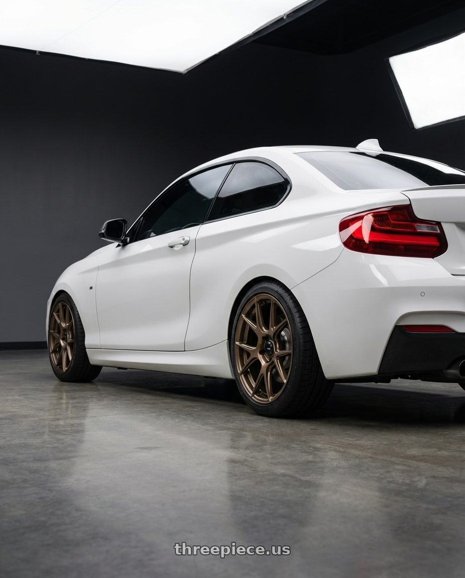 2018 BMW 2 Series F22 with Konig Ampliform 5x120 18x9.5+35 Gloss Bronze wheels rear three quarter view square tires