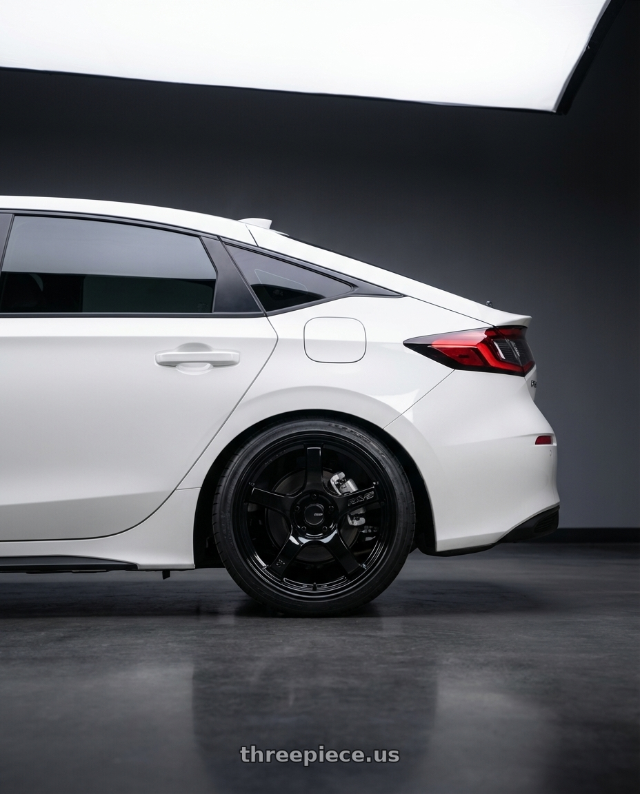 2024 Honda Civic with Gram Lights 57CR 5x114.3 18x8.5+37 Glossy Black wheels rear three quarter view square tires