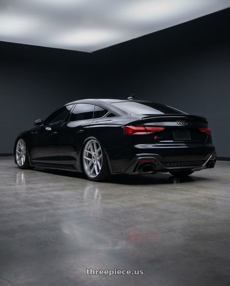 2022 Audi RS5 with Aodhan AFF2 5x112 20x9+30 Gloss Silver Machined Face wheels rear three quarter view slight stretch tires