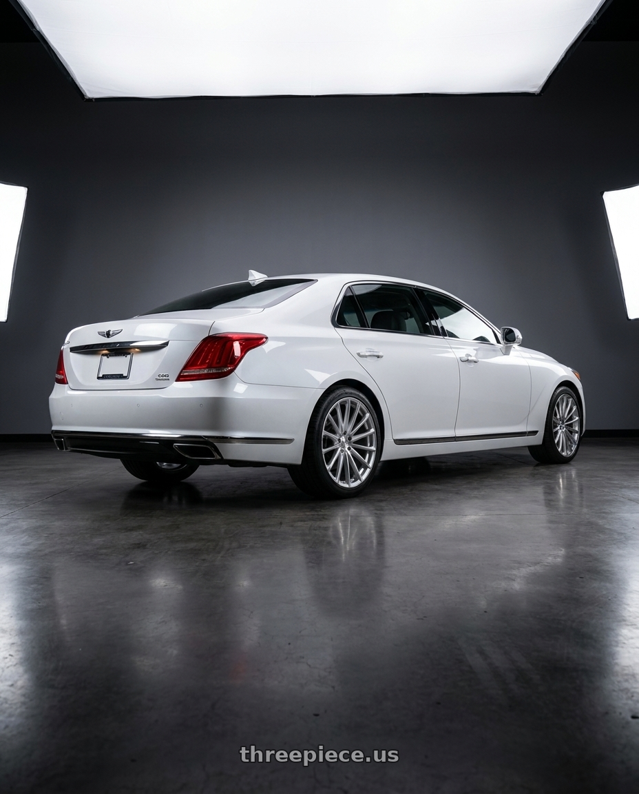 2018 genesis g90 ultimate with OHM PROTON 5X114.3 20X10 +40 SILVER W/ MIRROR FACE wheels rear three quarter view square tires