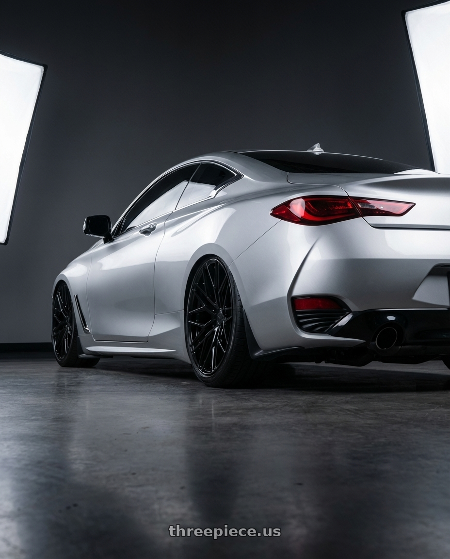 2020 Infiniti Q60 with Avant Garde Wheels M520R 5X114.3 20x11 +50 Gloss Black wheels rear three quarter view slight stretch tires