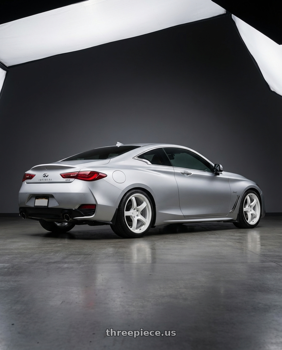 2020 Infiniti Q60 with Gram Lights 57CR 5x114.3 19x9.5+45 Ceramic Pearl wheels rear three quarter view square tires