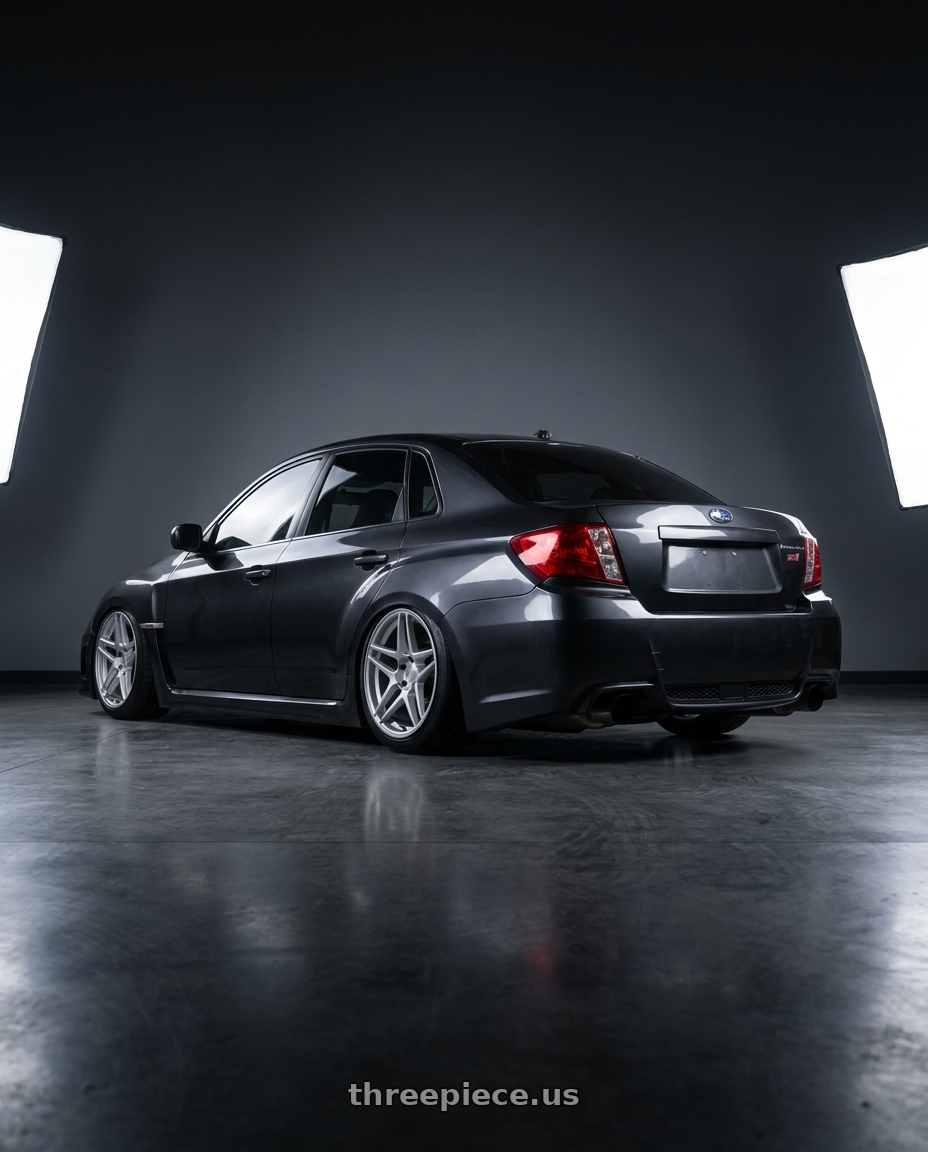 2013 Subaru Impreza STI Dark with Kansei K15H Astro 5x114.3 18x9.5 35 Hyper Silver wheels rear three quarter view square tires