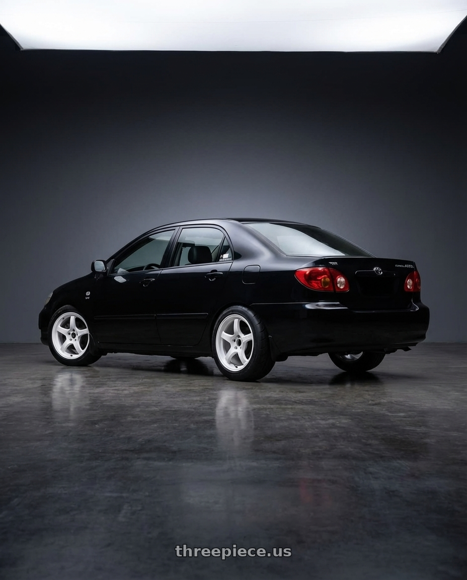 2006 Toyota Corolla Altis 1.6J with Gram Lights 57CR 4x100 15x8 +35 CERAMIC WHITE PEARL wheels rear three quarter view meaty tires