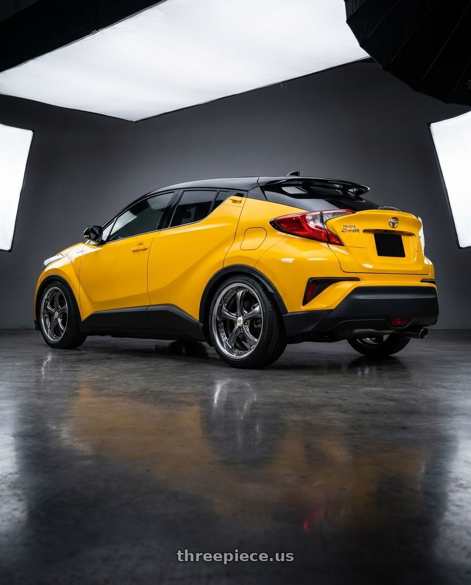 2018 Toyota C-HR Ferrari Yellow with Work Wheels VS-KF 5X114.3 19x8.5+21 Brilliant Silver Black A Disk FULL REVERSE wheels rear three quarter view slight stretch tires