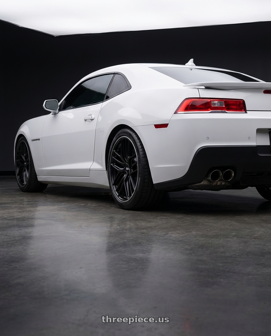 2014 Chevrolet Camaro 5th Gen with BBS CC-R 5x120 20x9.0+25 Satin Black wheels rear three quarter view square tires
