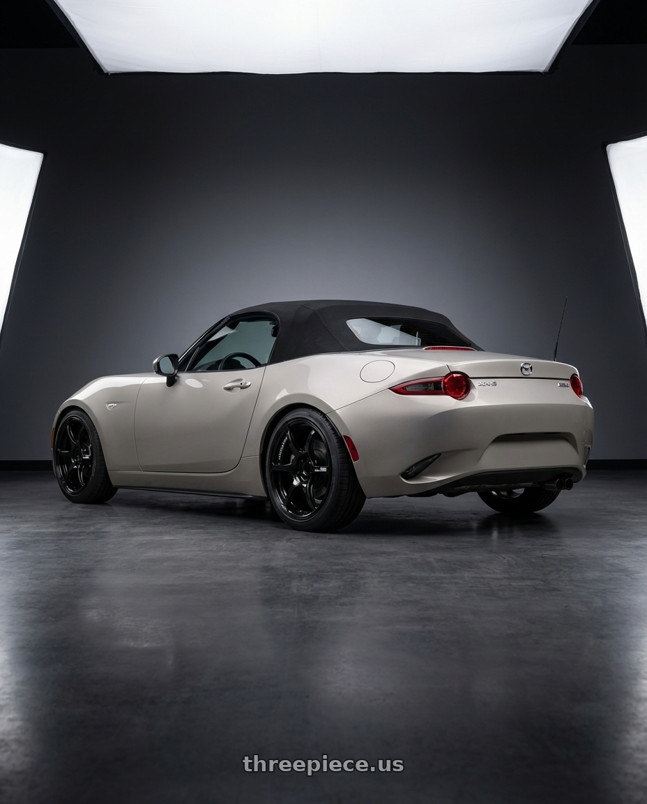 2021 Mazda MX-5 Miata ND with Advan RGIII 5x114.3 17x9.0+45 Gloss Black wheels rear three quarter view square tires