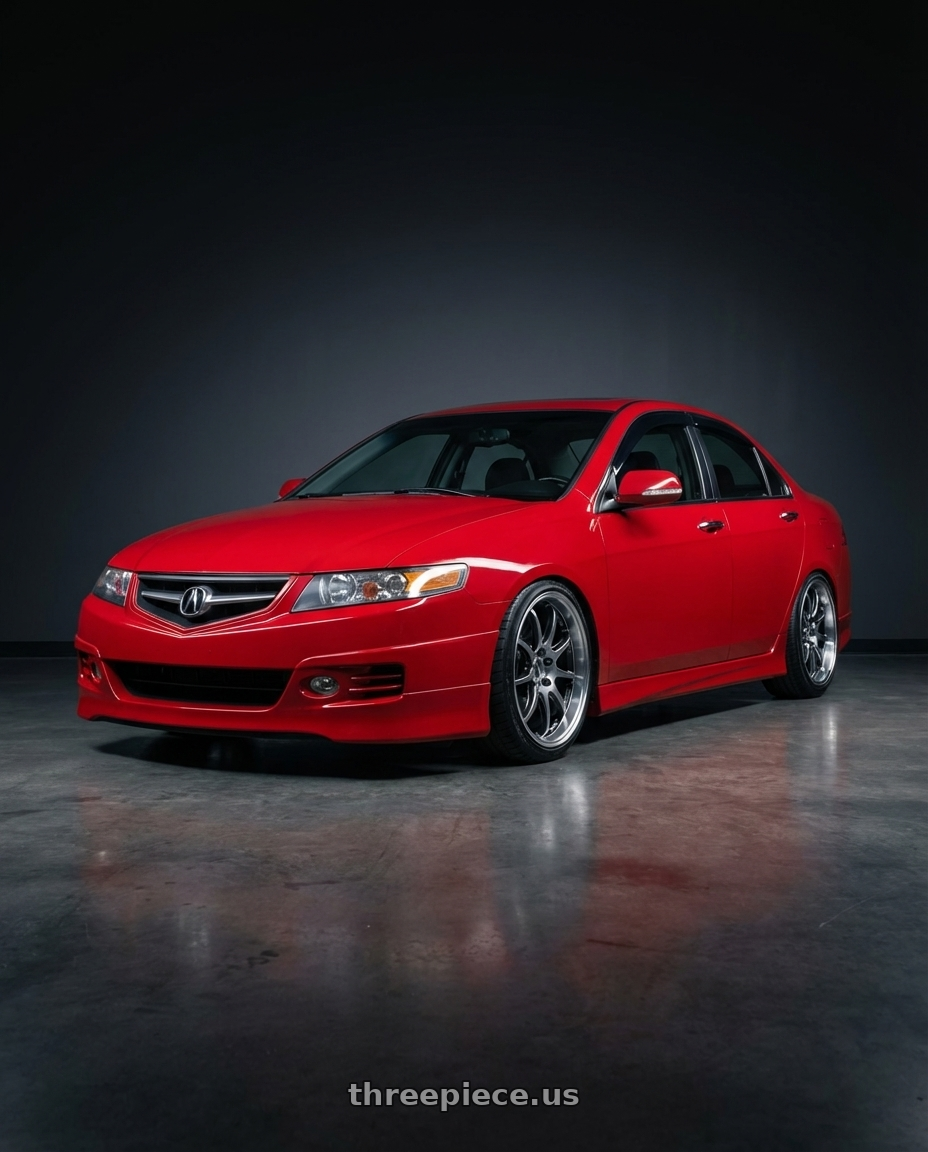 2003 Acura Tsx with Work Emotion D9r 5x100 18x8.5 +32 Gt Silver Rim Cut wheels front three quarter view lowered stance