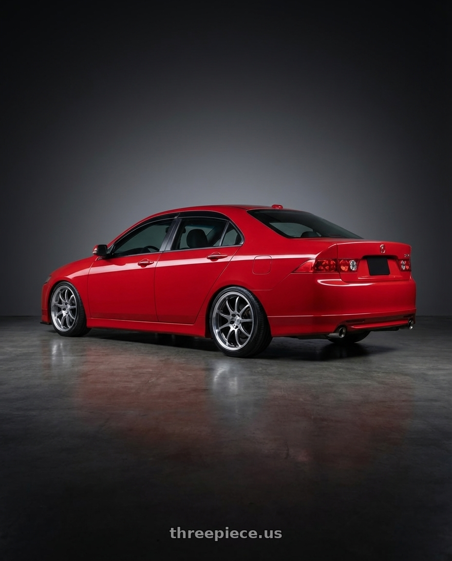 2003 Acura Tsx with Work Emotion D9r 5x100 18x8.5 +32 Gt Silver Rim Cut wheels rear three quarter view slight stretch tires