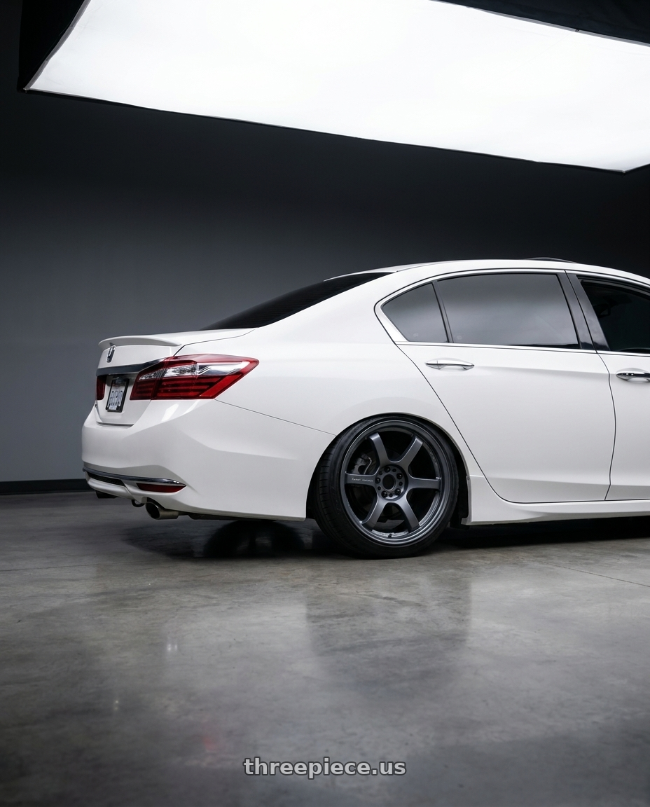 2016 Honda accord with Gram Lights 57DR 5x100 18x8.5+37 Gunblue II wheels rear three quarter view square tires