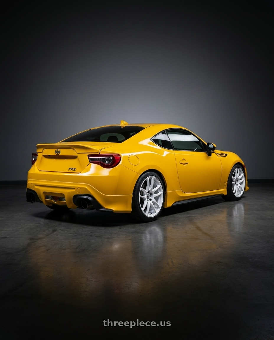 2015 Scion FRS Series 1 with Work Emotion Cr Kiwami 5x100 18x7.5 +38 White wheels rear three quarter view square tires