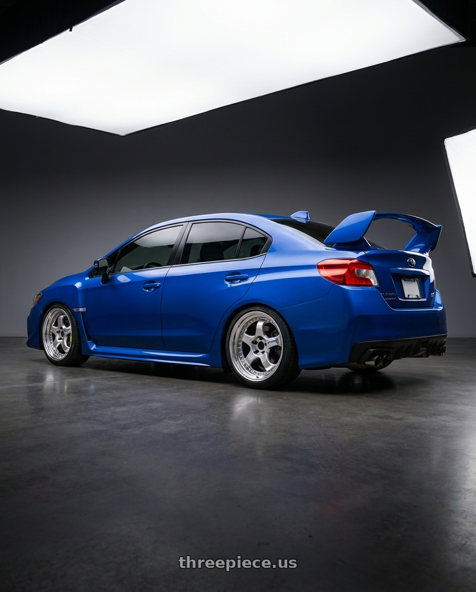 2020 Subaru Wrx Sti with Work Meister S1 3P 5x120 19x9.5+43 T Disk Bright Buff Finish wheels rear three quarter view square tires