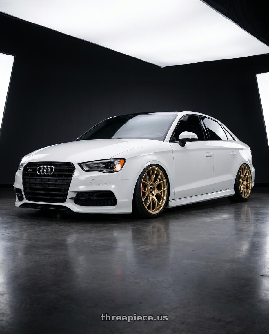 2015 Audi S3 with BBS RE-V7 5x112 19x10.5 +33 PFS Gloss Gold wheels front three quarter view slammed stance