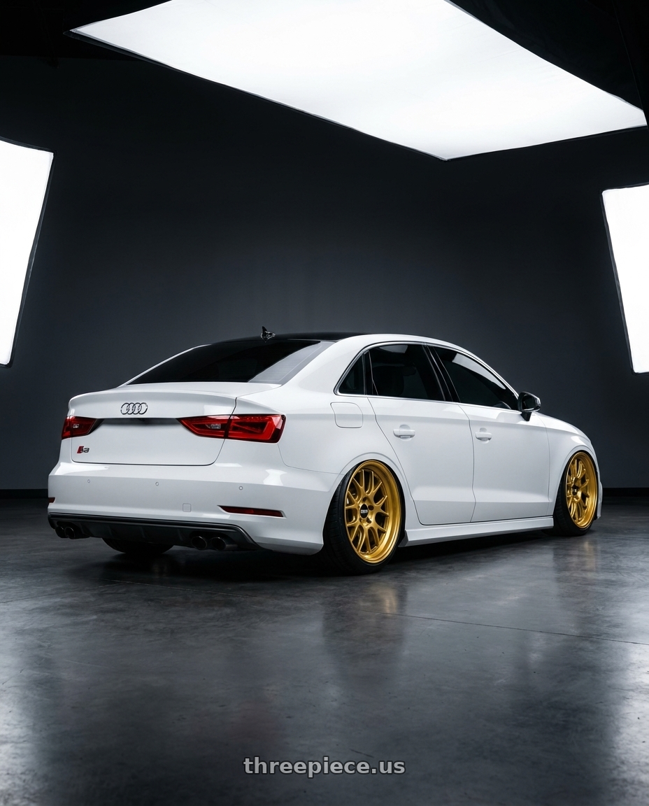 2015 Audi S3 with BBS RE-V7 5x112 19x10.5 +33 PFS Gloss Gold wheels rear three quarter view extreme stretch tires
