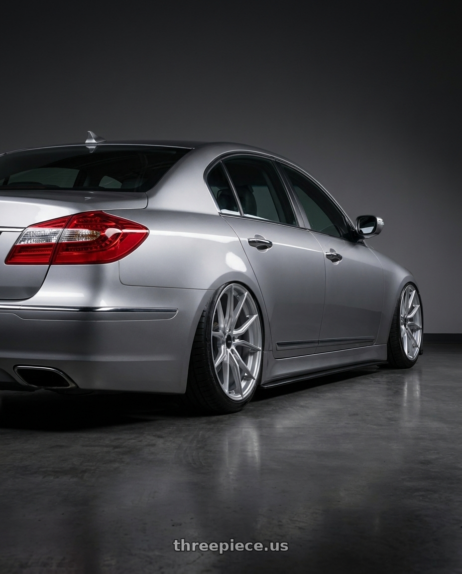 2012 Hyundai genesis with Advanti Racing 80S Hybris 5X112 18x8 +45 Silver with Machined Face wheels rear three quarter view slight stretch tires