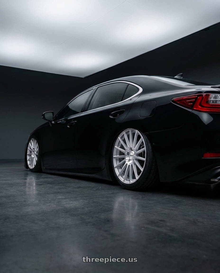 2017 Lexus es200 black with V�xx Capo 5x112/5x120 18x8+45 Silver Mach Face wheels rear three quarter view square tires