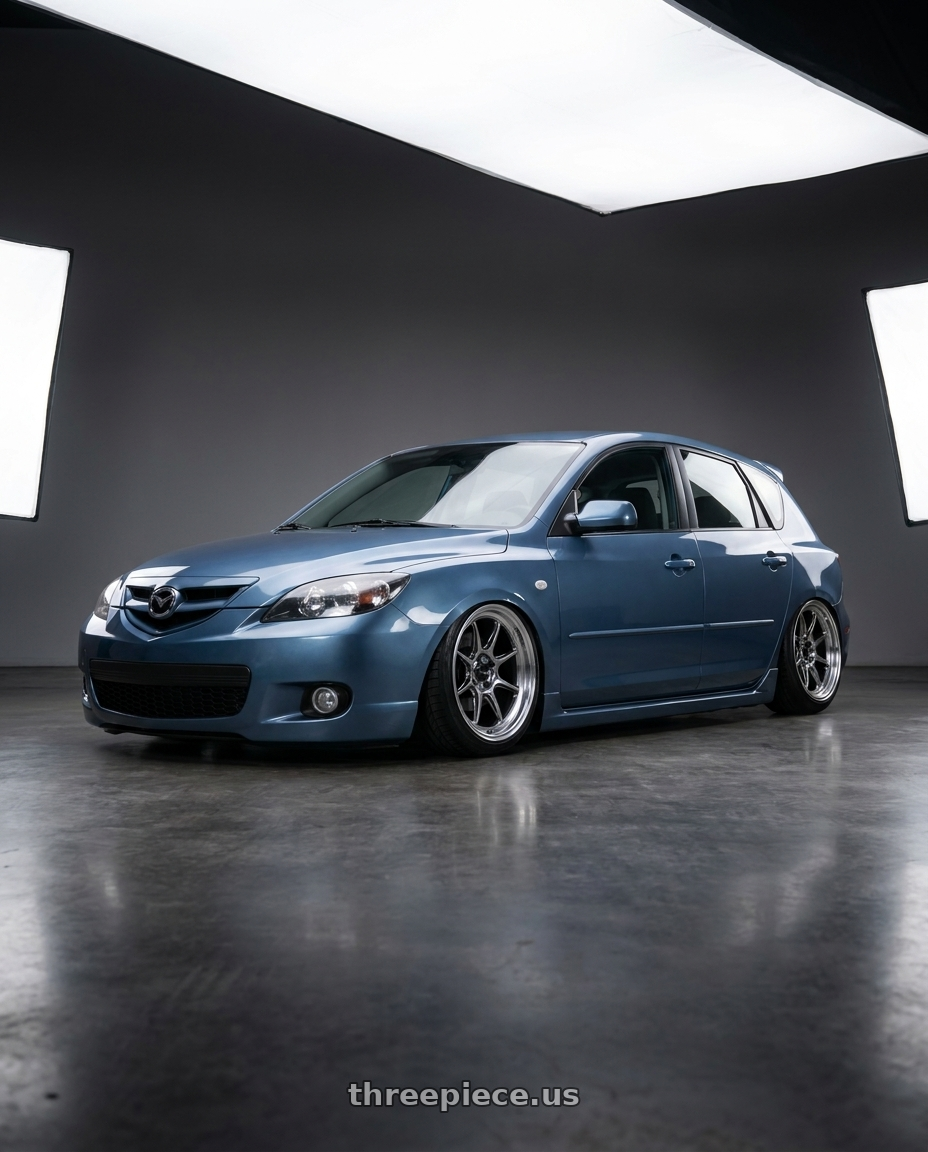 2008 Mazda 3 aurora blue with Konig Countergram 5x114.3 18x8.5+35 Hyper Chrome / Machined Lip wheels