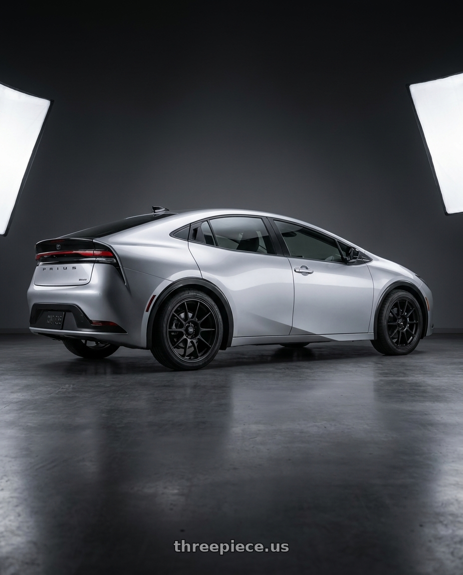 2024 Toyota Prius with Konig Dekagram 5x114.3 17x8+40 Semi-Matte Black wheels rear three quarter view square tires