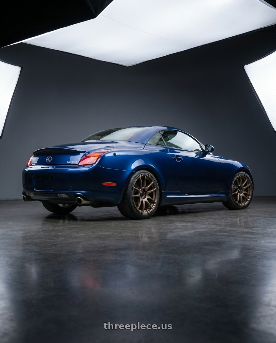 2004 Lexus SC430 with Vors TR4 5x114.3 18x9.5 +35 Bronze wheels rear three quarter view square tires