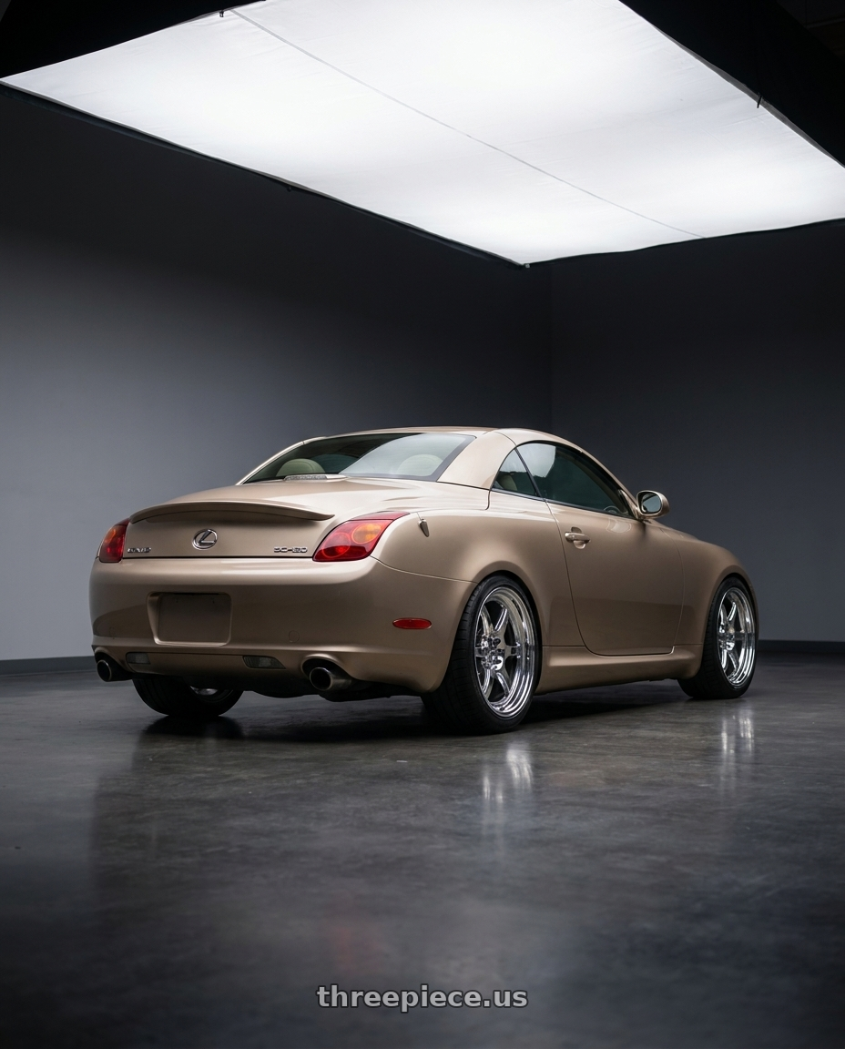 2003 Lexus SC430 Egyptian Sand with Kansei K14X Roku 5x114.3 18x9 12 Chrome wheels rear three quarter view square tires