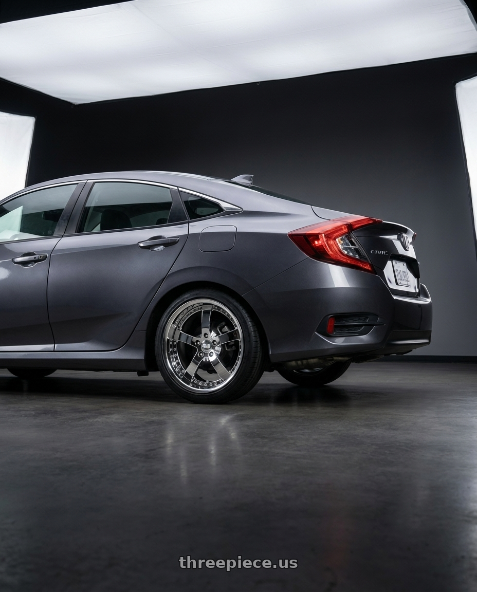 2020 Honda civic with Work Equip E05 5x120.65 20x8.5+-28 r disk 3d Chrome wheels rear three quarter view square tires
