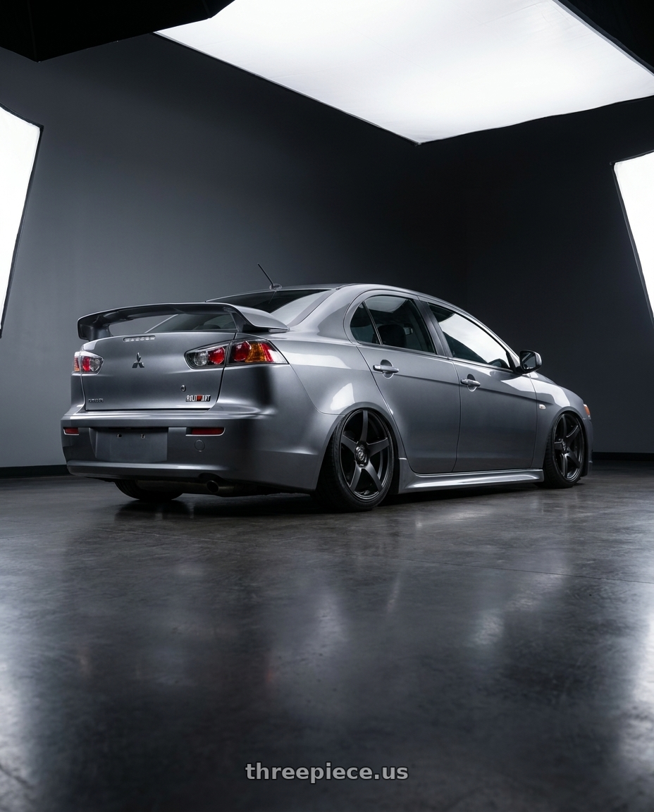 2014 Mitsubishi Lancer Ralliart with Forgestar CF5 5x114.3 18x9 +35 Satin Black wheels rear three quarter view slight stretch tires