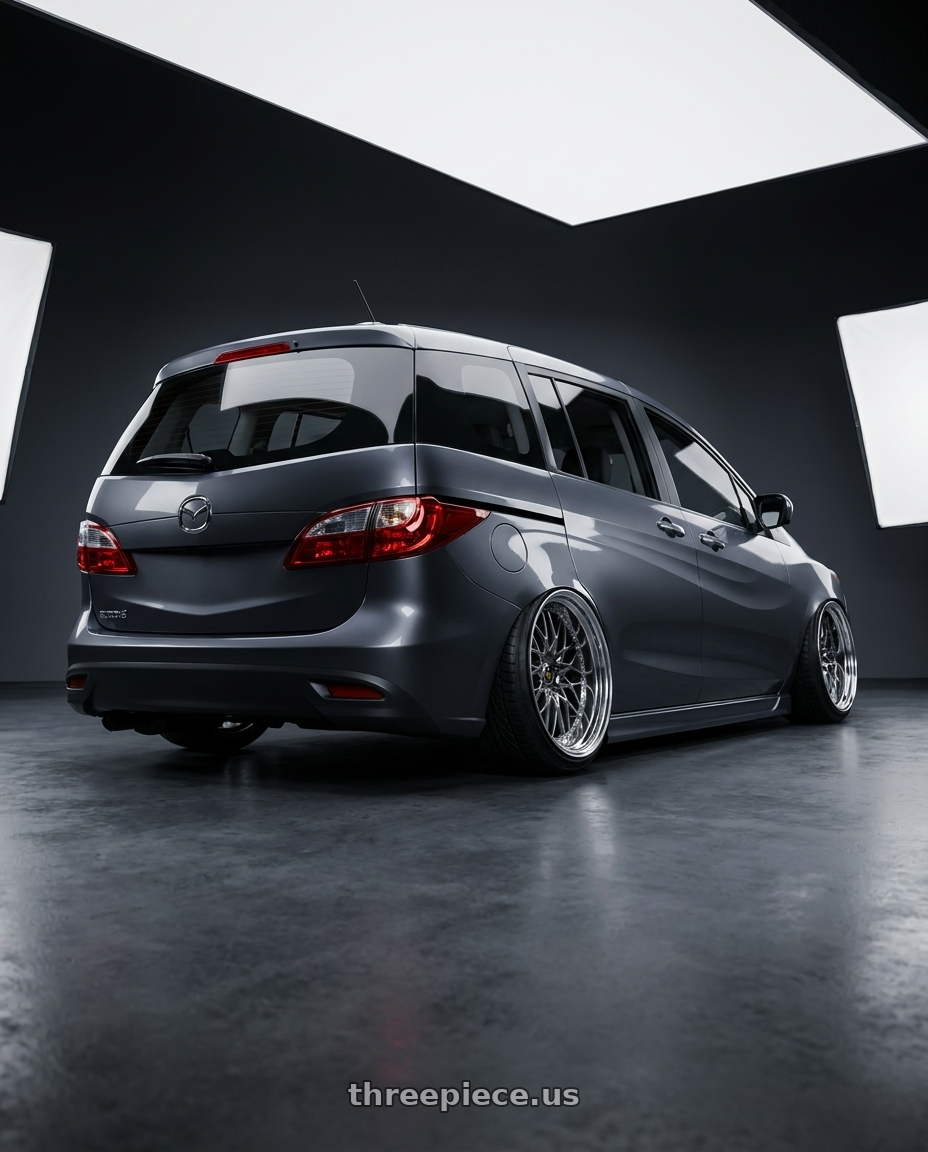 2012 Mazda 5 with Work Vs-Xv 5x100 18x10-37 A Disk Brilliant Silver Black wheels rear three quarter view extreme stretch tires