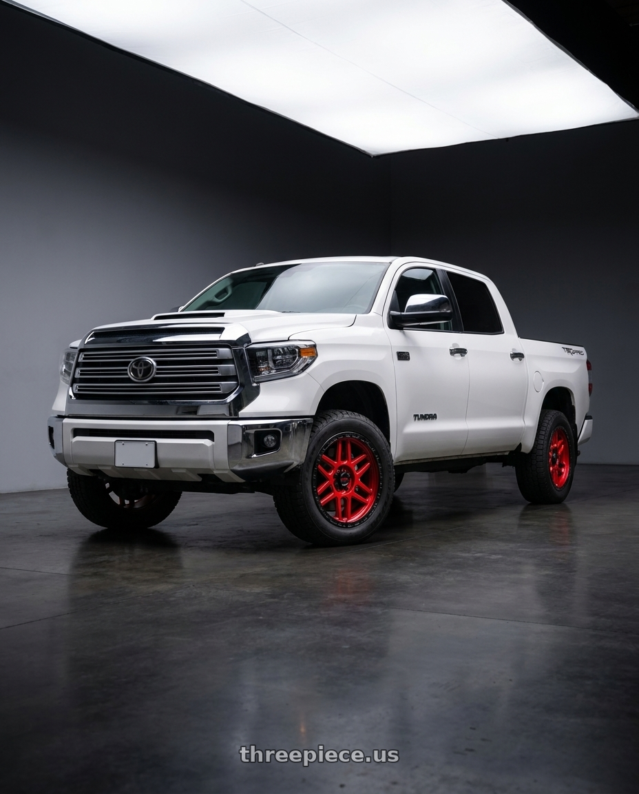 2021 Toyota Tundra 1794 Edition with KMC KM544 MESA 5X150 20X9 +25 CANDY RED WITH BLACK LIP wheels