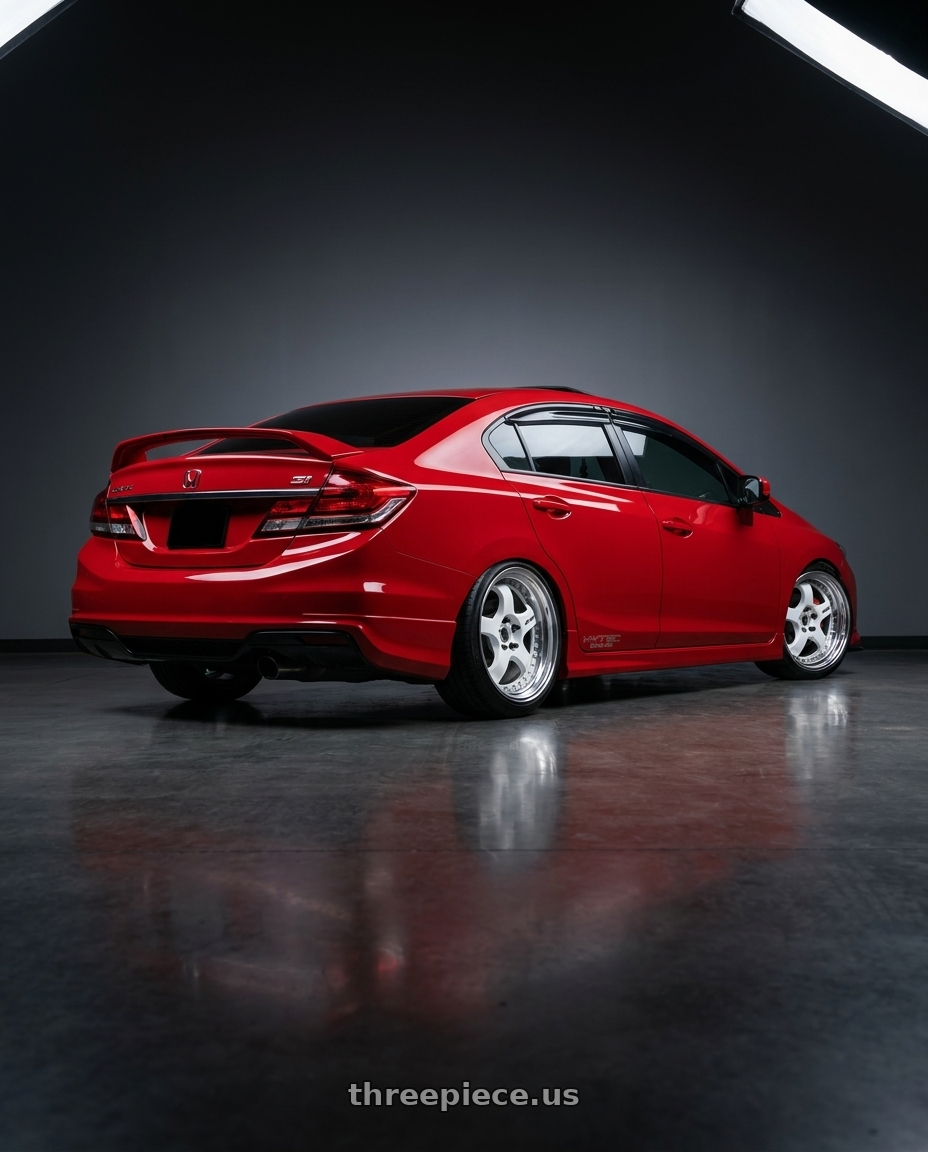 2015 honda civic si with Work Meister S1 3P 5x114.3 18x8.5+35 L Disk White wheels rear three quarter view slight stretch tires