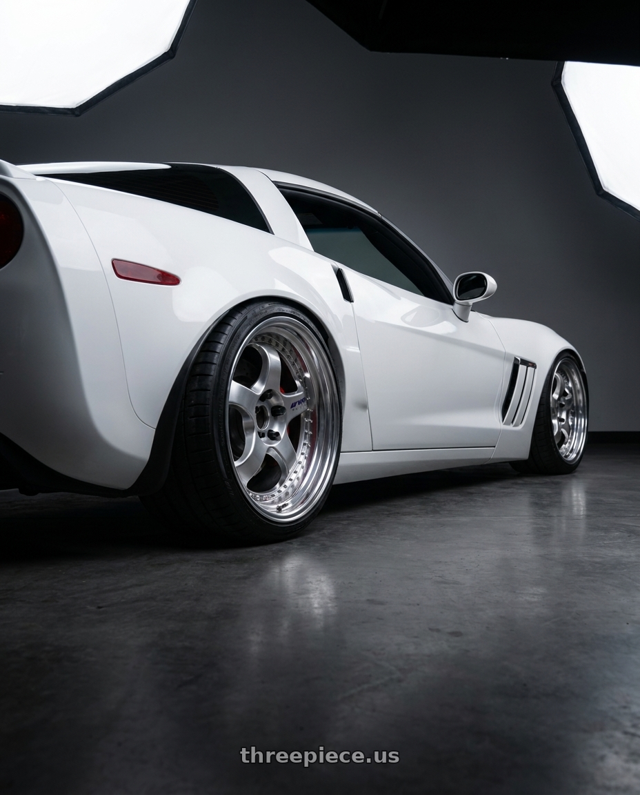 2012 chevrolet corvette with Work Meister S1 3P 5x120.65 19x9+31 R Disk Bright Buff Finish wheels rear three quarter view slight stretch tires