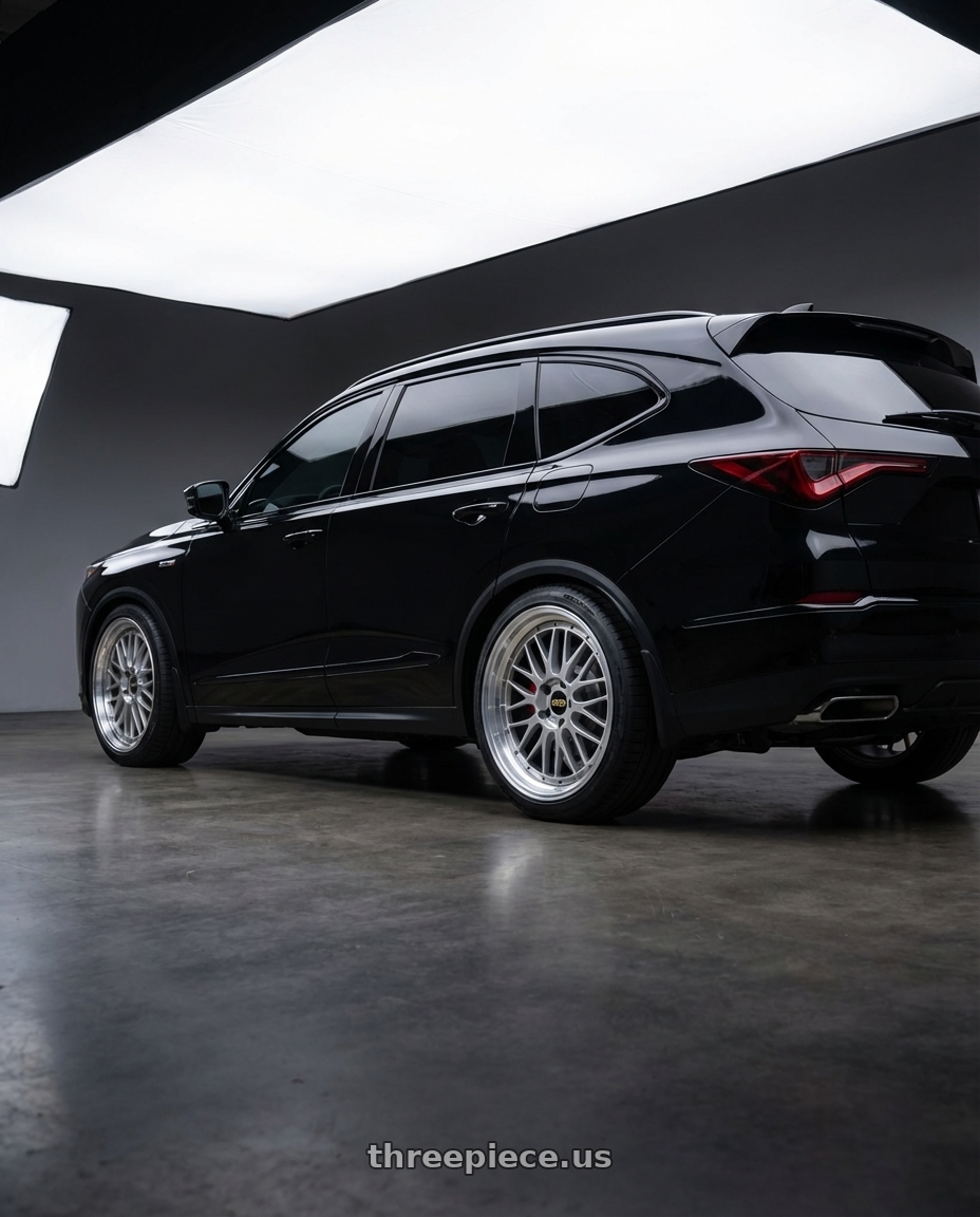2026 Acura MDX with BBS LM 5x120 21x10.0+38 Diamond Silver wheels rear three quarter view square tires