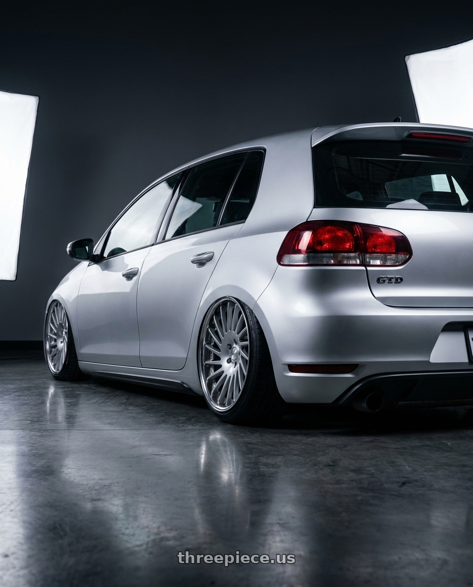 2011 Vw golf gtd silver with SSR CV05 5X112 19X8.5+30 HP Disk Crystal Silver wheels rear three quarter view slight stretch tires